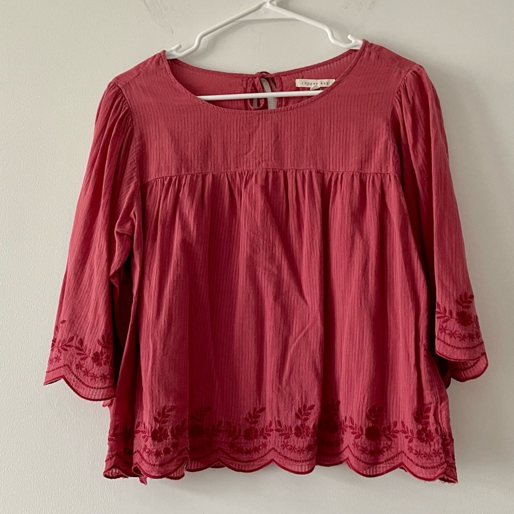 Copper Key Cropped Eyelet Scallop Hem Bell Sleeve Blouse